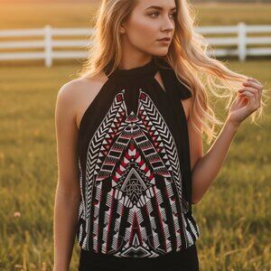 Bisou Bisou M Halter Top Y2K Black Red Aztec 90s Tribal Festival Boho Tie Neck